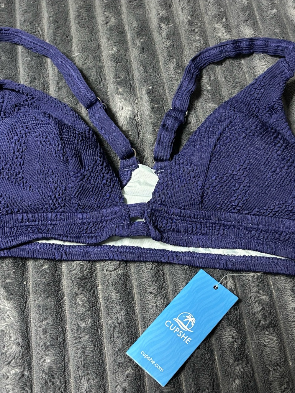 CUPSHE Navy Textured Triangle Bikini top  with Adjustable Straps